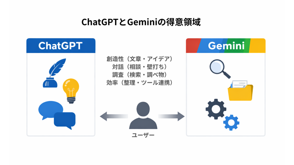 ChatGPTとGeminiの得意分野を比較したインフォグラフィック。左側に創造性と対話、右側に検索と効率のアイコンが配置されています。