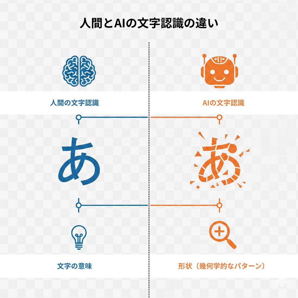 人間とAIの文字認識の違いを説明するインフォグラフィック。人間は文字を「意味」として理解するが、AIは「幾何学的なパターン」として捉える様子を描いている。