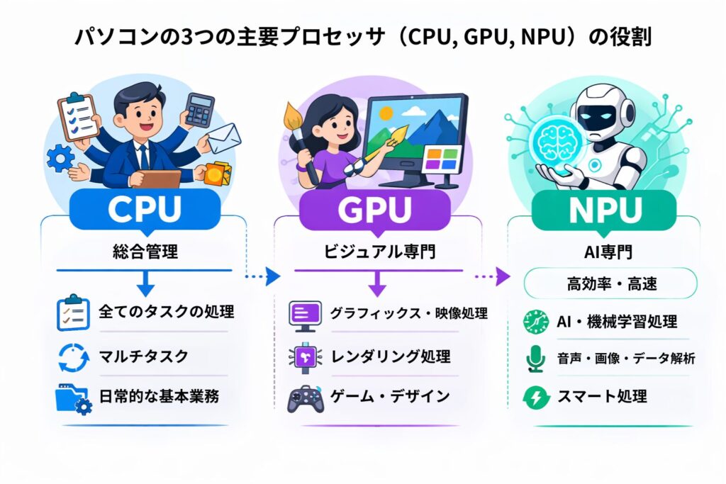 パソコンの3つのプロセッサ（CPU、GPU、NPU）の役割の違いを説明する図解。汎用処理のCPU、映像処理のGPUに加え、AI処理に特化したNPUが加わることで効率が向上することを示している。