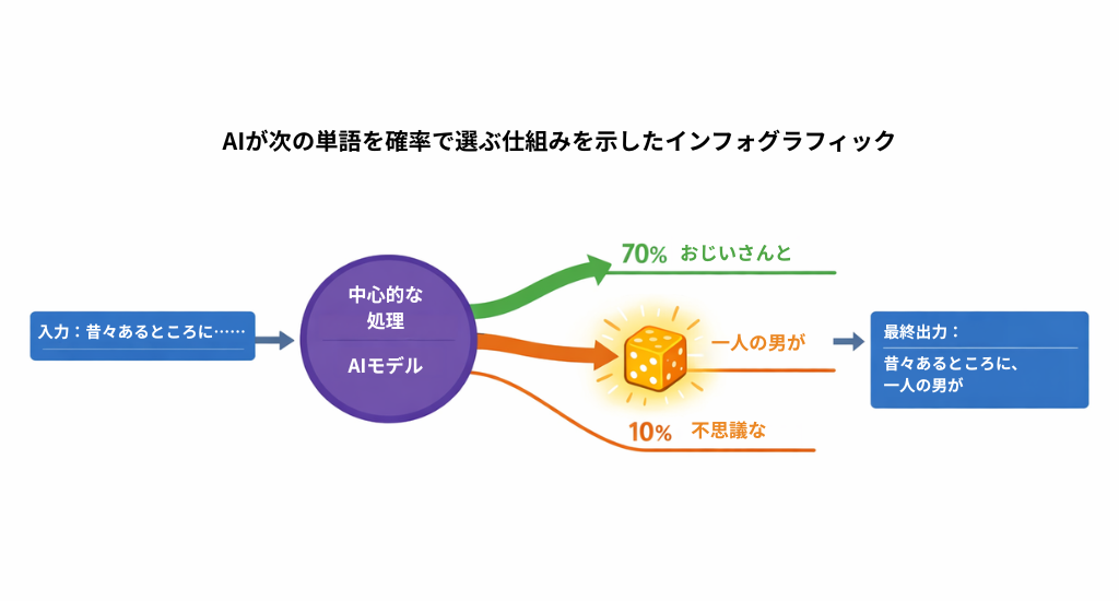 AIが次の単語を確率で選ぶ仕組みを示したインフォグラフィック。「昔々あるところに...」という入力に対し、70%の確率の「おじいさんと」、20%の「一人の男が」、10%の「不思議な」という複数の選択肢から、ランダムに単語が選ばれて文章が作られる流れを説明する図。