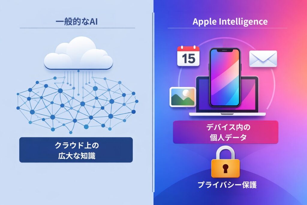 「一般的なAI」と「Apple Intelligence」の比較図。左側にはインターネット上の広大な知識を利用するクラウド型AI、右側にはデバイス内のメールや写真などの個人情報を活用し、強力なプライバシー保護を備えたApple Intelligenceの仕組みが描かれています。