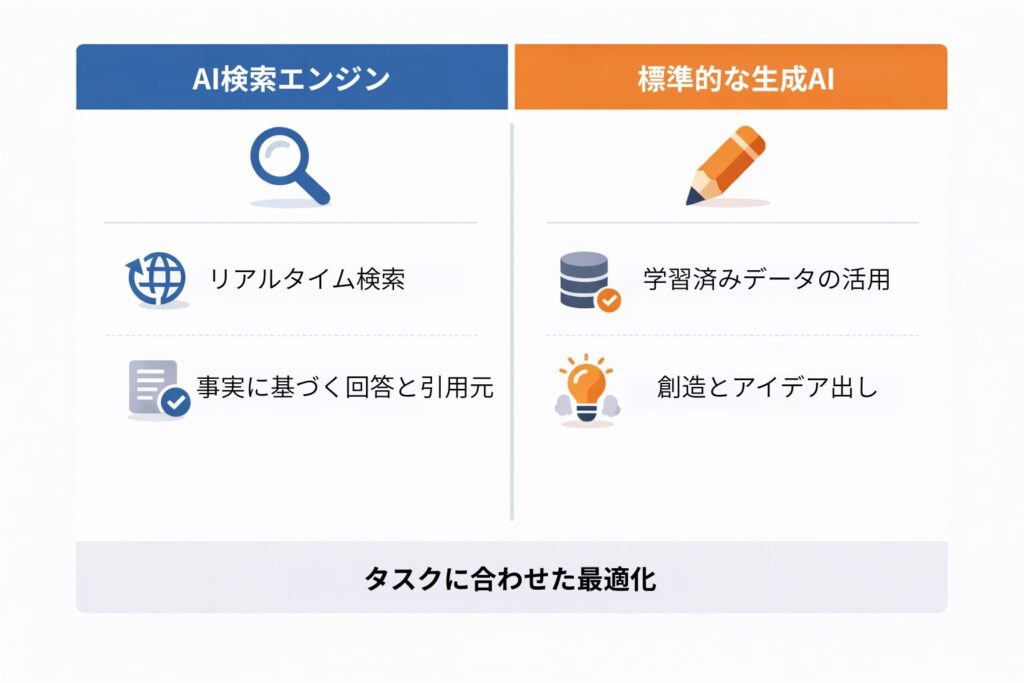 AI検索エンジンと生成AIの違いを比較した図解。AI検索はリアルタイムのWeb情報から事実と根拠を提示し、生成AIは学習済みデータからアイデアや創作を行うというプロセスと結果の違いを色分けして説明しています。