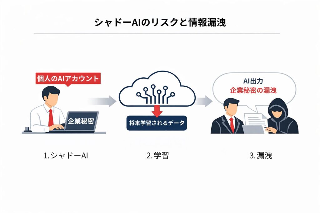 会社に無断で個人用AIを使用する「シャドーAI」のリスク。入力した機密データがAIに学習され、外部へ漏洩するまでの流れを説明した図解。