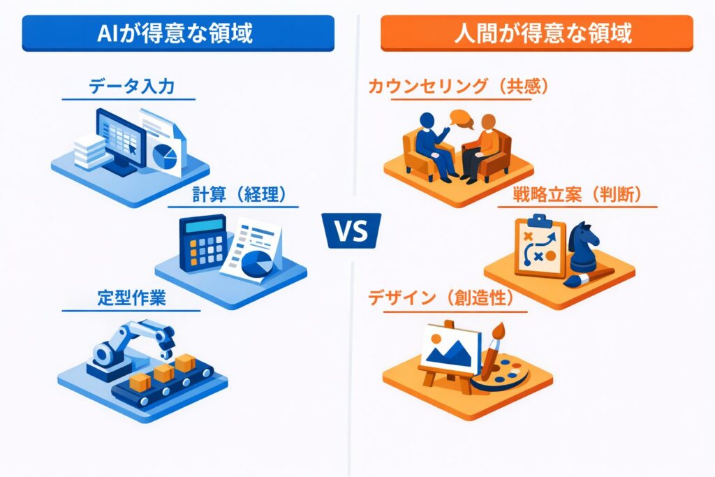AIと人間の得意分野を比較した図。AIはデータ入力や計算が得意で、人間はカウンセリングや戦略、デザインが得意であることを示しています。