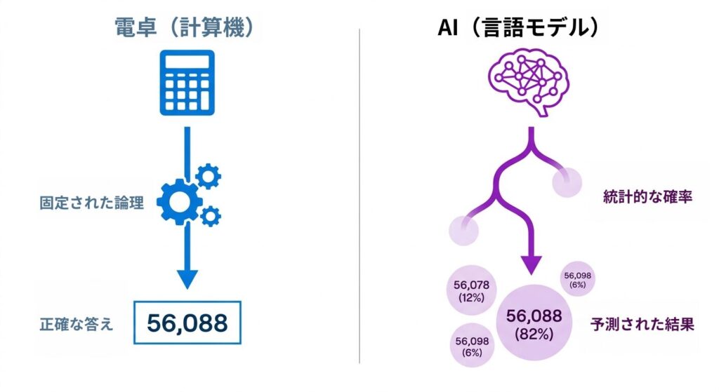 電卓の論理的な計算プロセス(青)と、生成AIの確率的な予測プロセス(紫)の比較インフォグラフィック